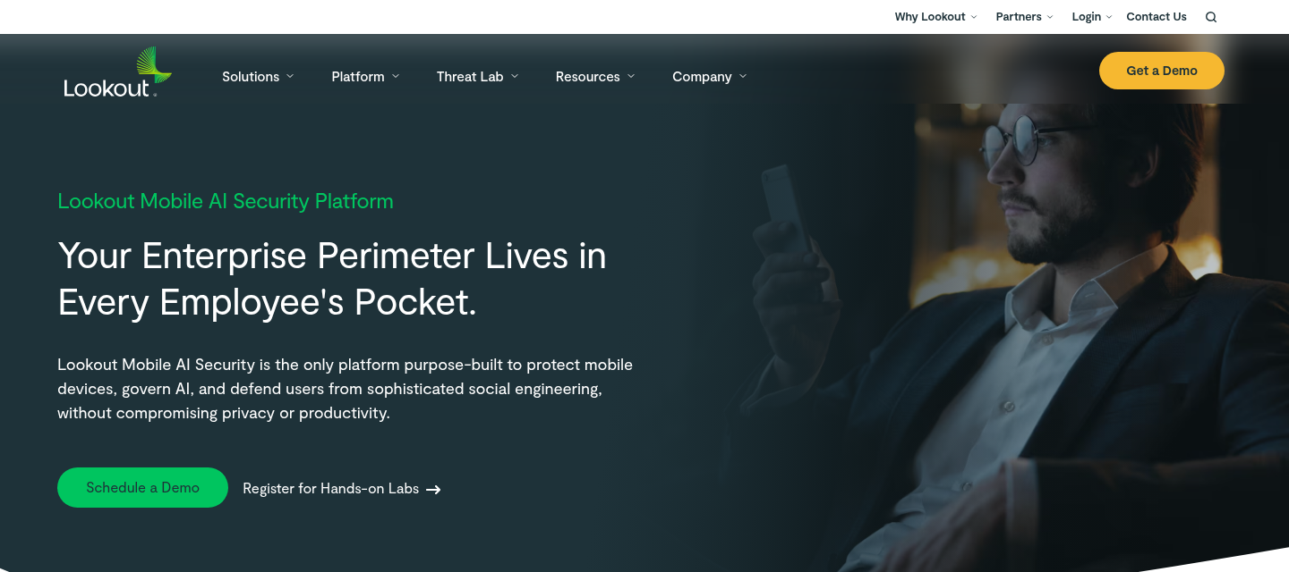 Lookout Mobile AI Security product page with the kicker Lookout Mobile AI Security Platform, the headline Your Enterprise Perimeter Lives in Every Employee's Pocket, and a person holding a phone