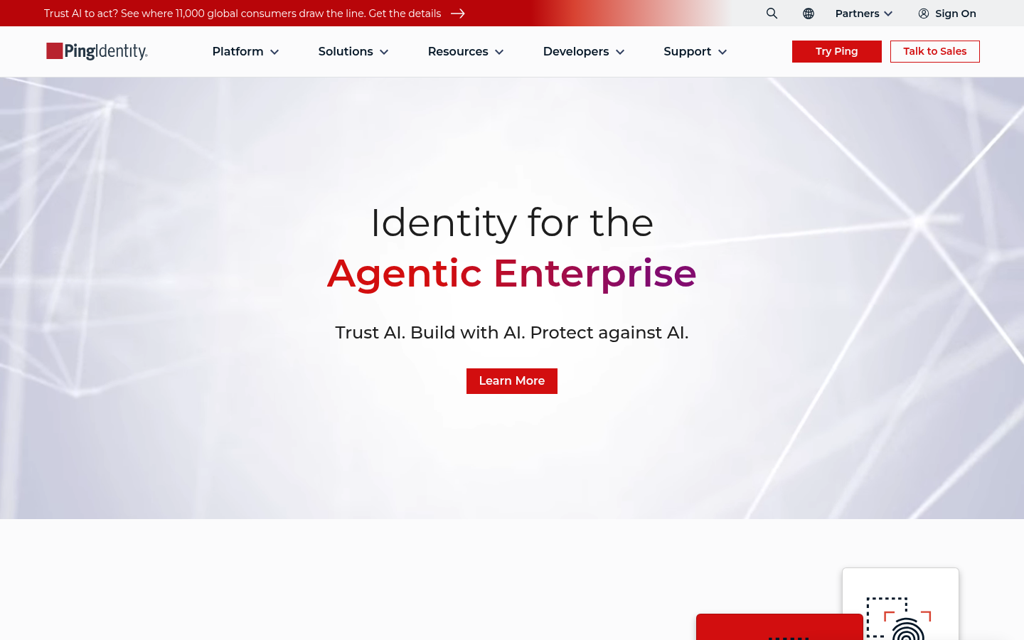 Ping Identity platform page, Identity for the Agentic Enterprise headline