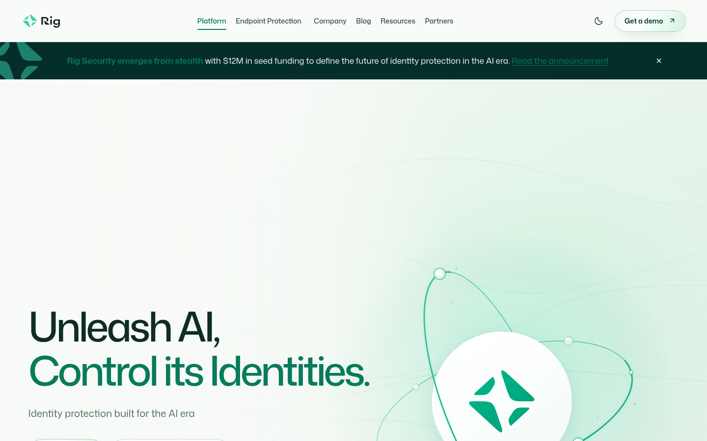Rig Security identity protection page, Unleash AI, Control its Identities headline