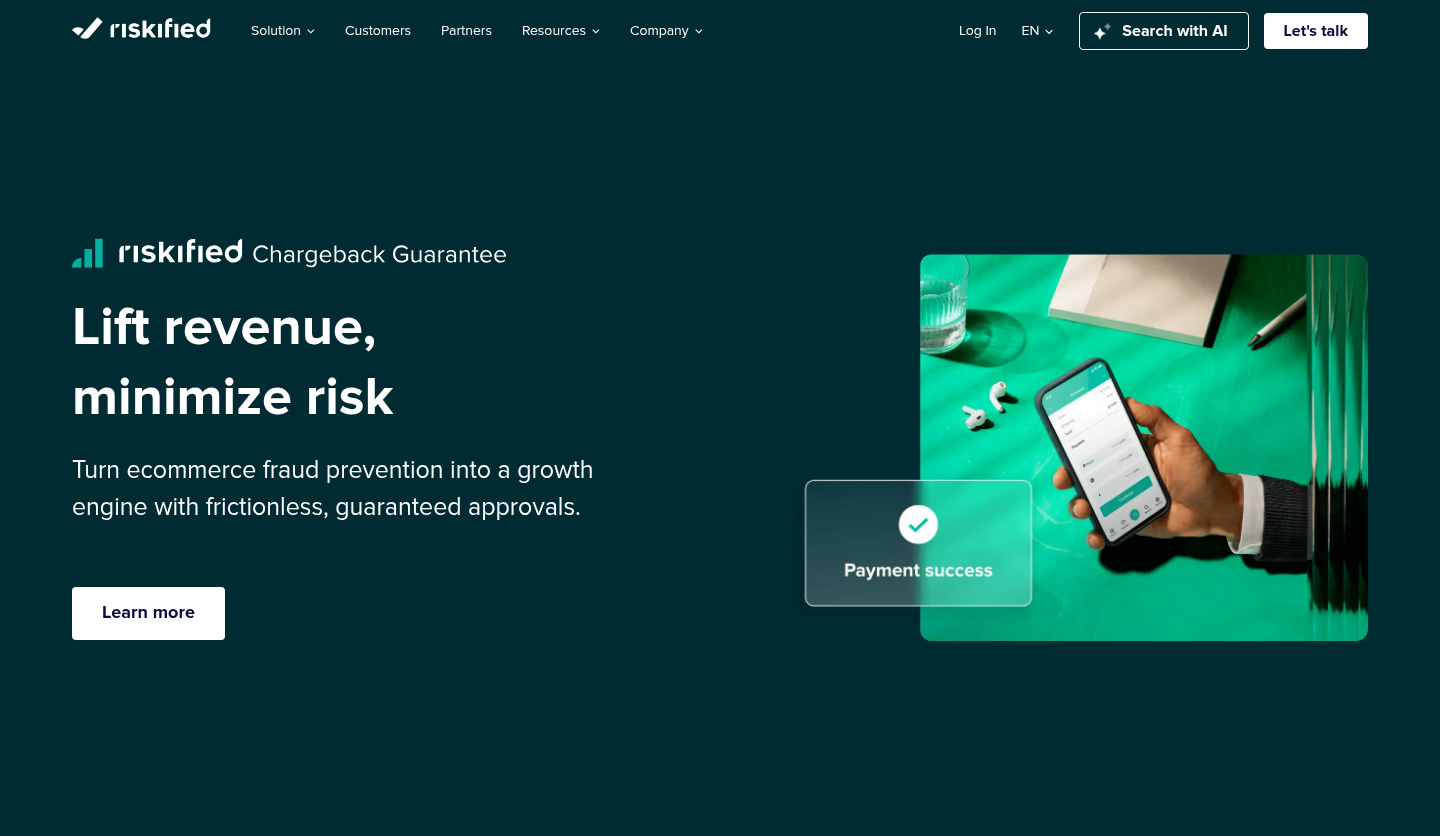 Riskified Chargeback Guarantee product page with the Chargeback Guarantee label, the headline Lift revenue, minimize risk, and a phone showing Payment success