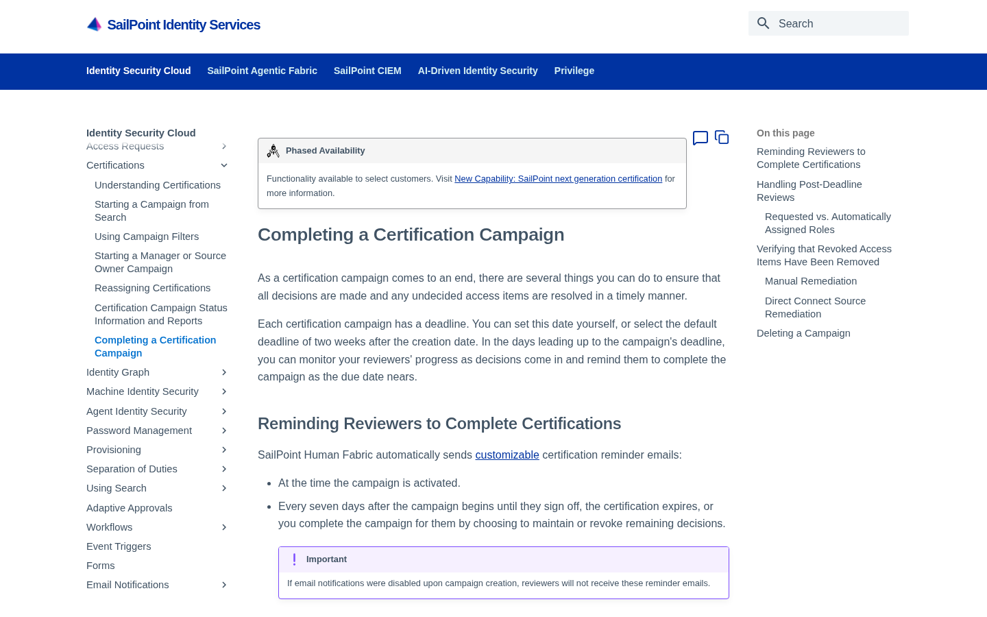SailPoint Identity Security Cloud certification campaign page
