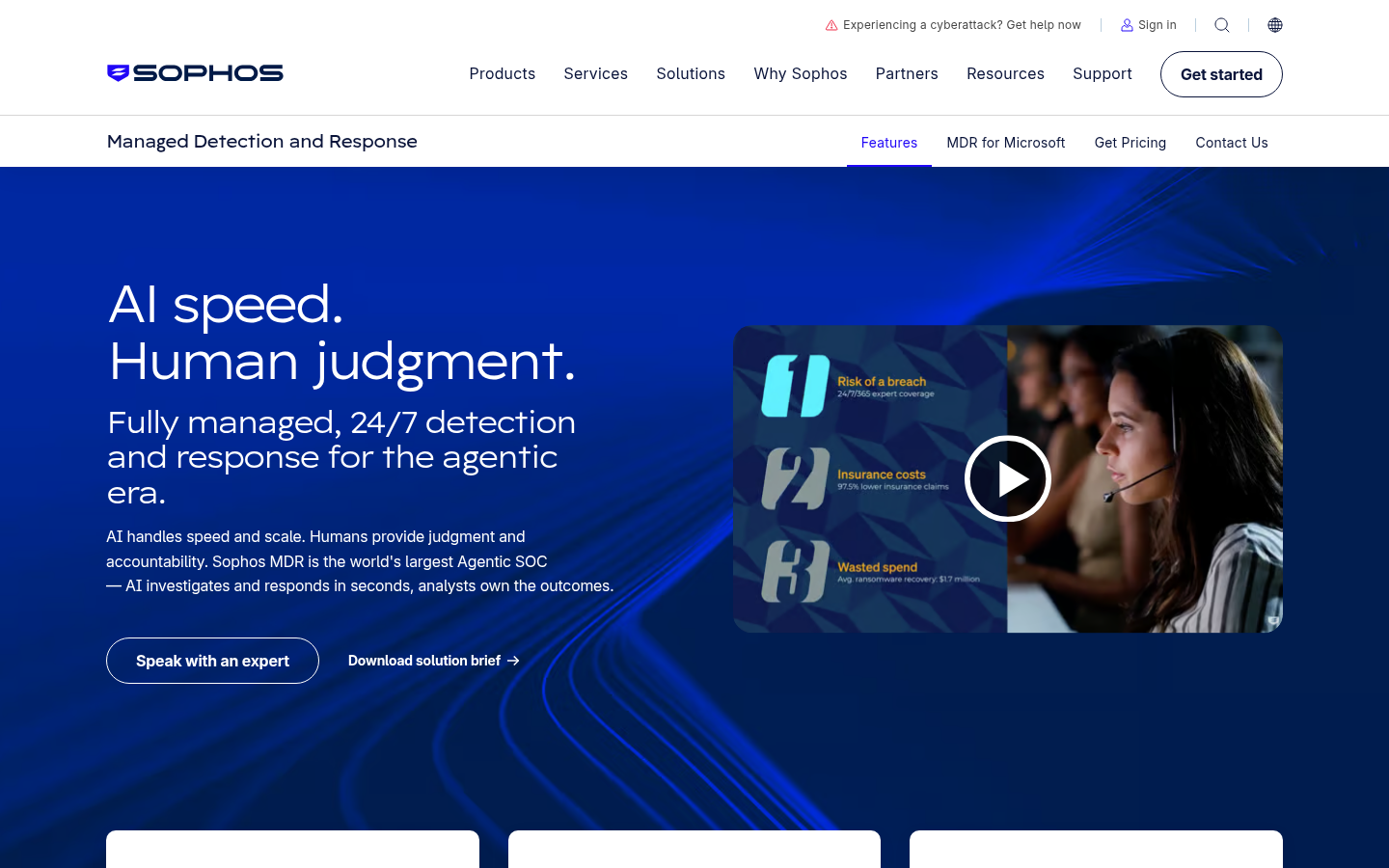 Sophos Managed Detection and Response product page, AI speed human judgment headline