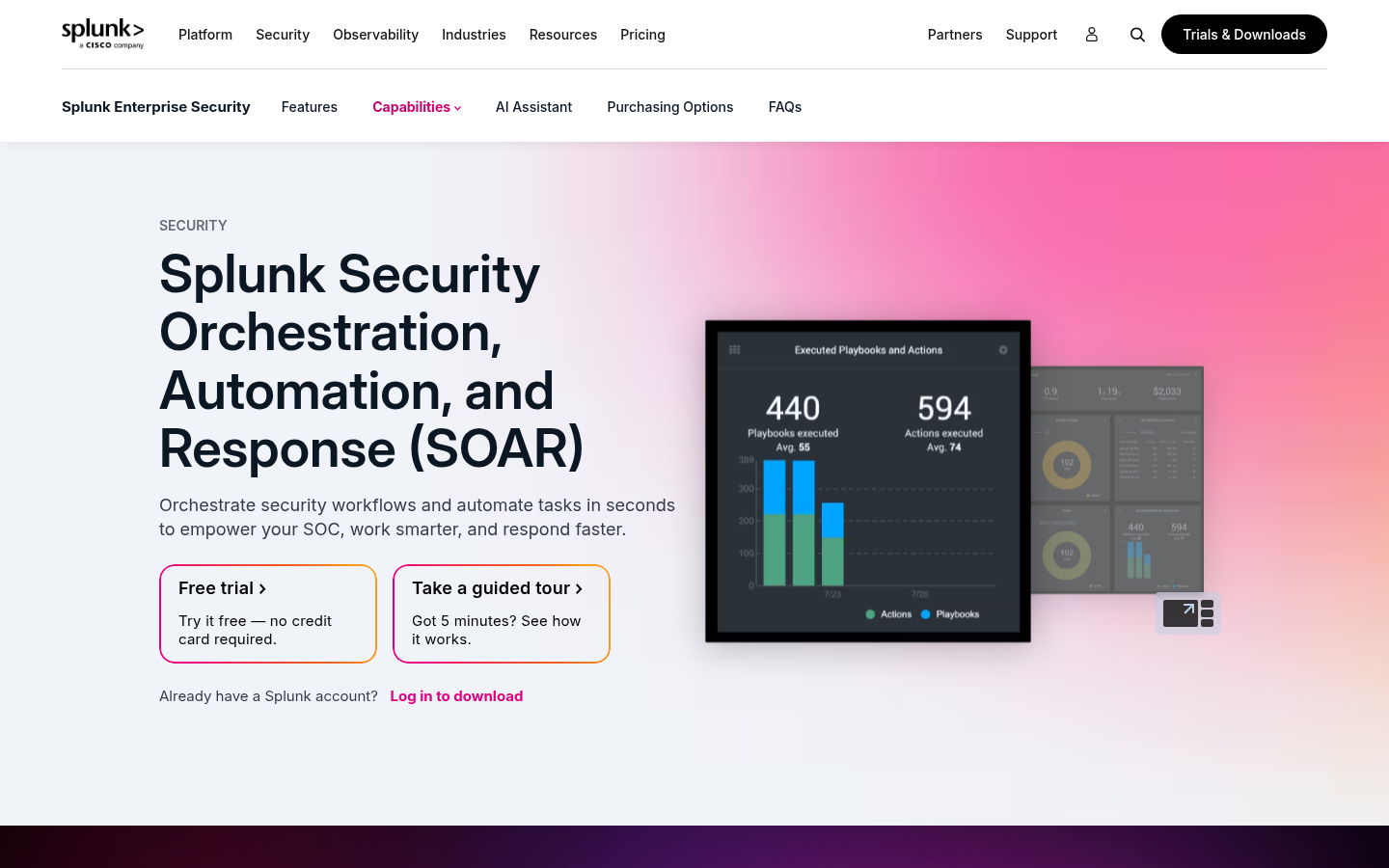 Splunk SOAR site lead, Splunk Security Orchestration, Automation, and Response (SOAR), beside a sample Executed Playbooks and Actions panel