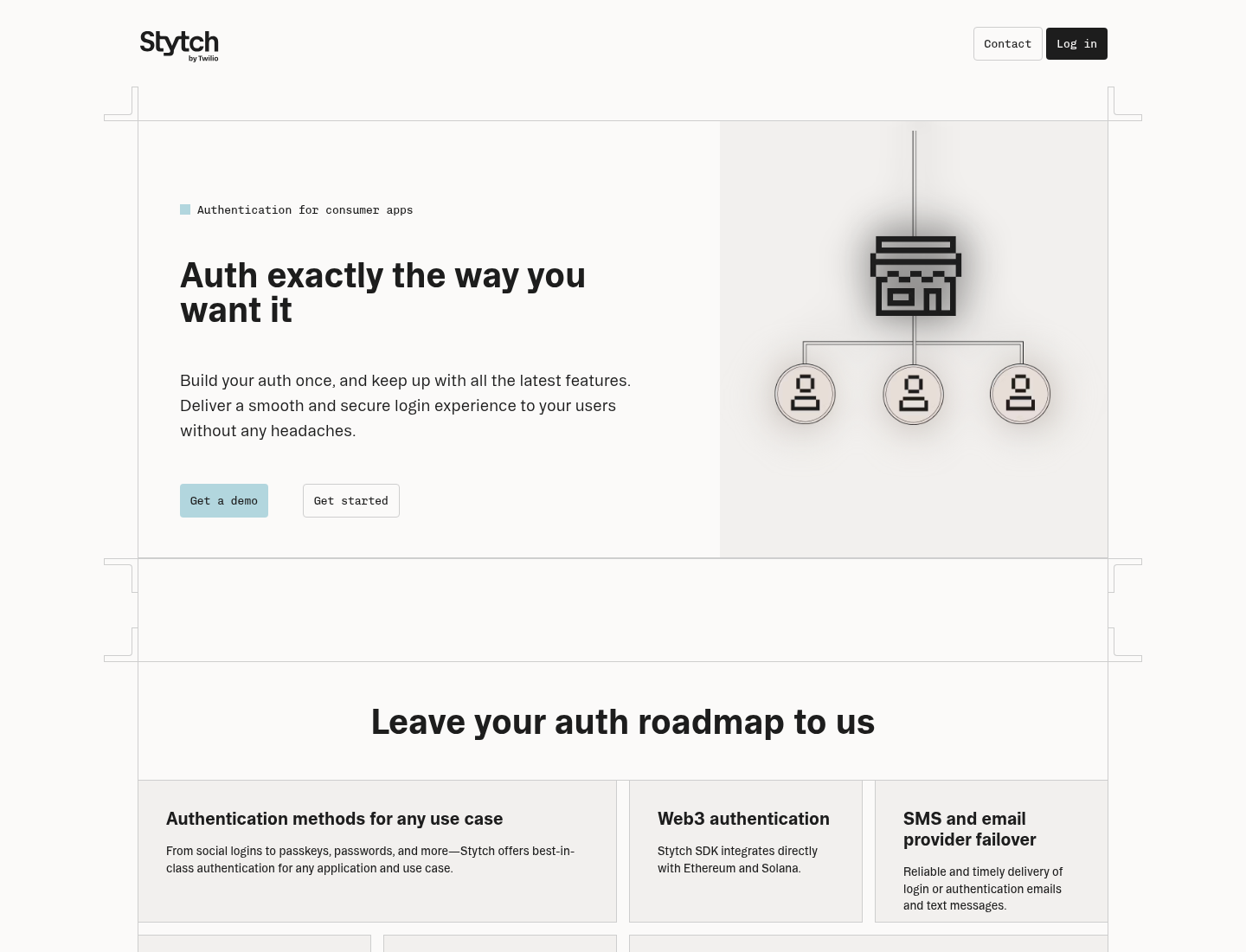 Stytch consumer authentication page with the headline Auth exactly the way you want it and a Stytch by Twilio logo
