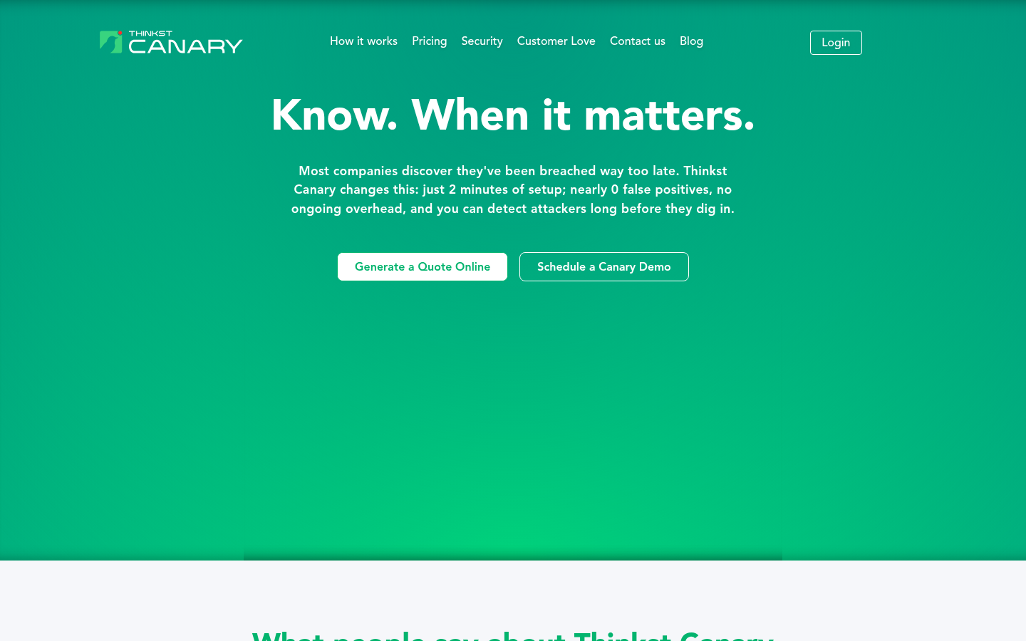 Thinkst Canary product page, Know when it matters, with a 2 minute setup line