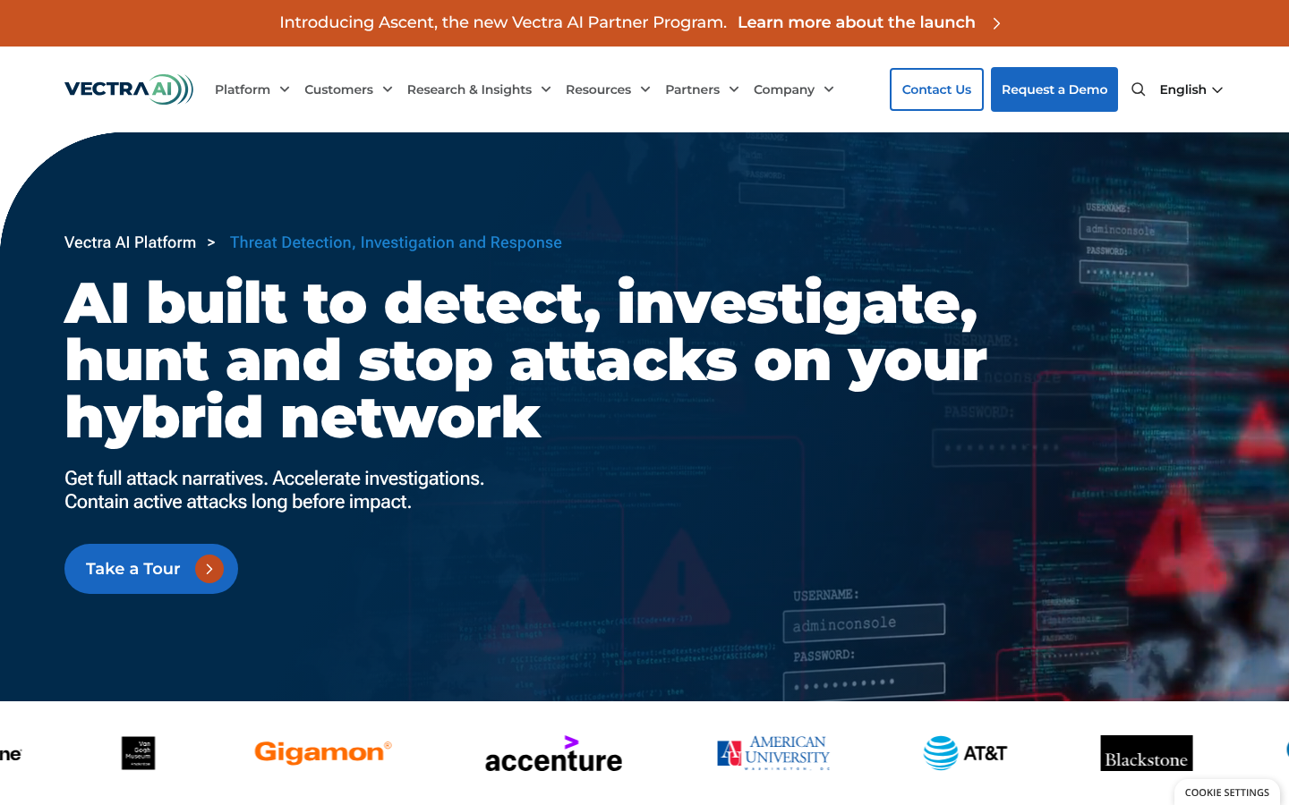 Vectra AI Threat Detection, Investigation and Response product page hero, hybrid-network detection headline