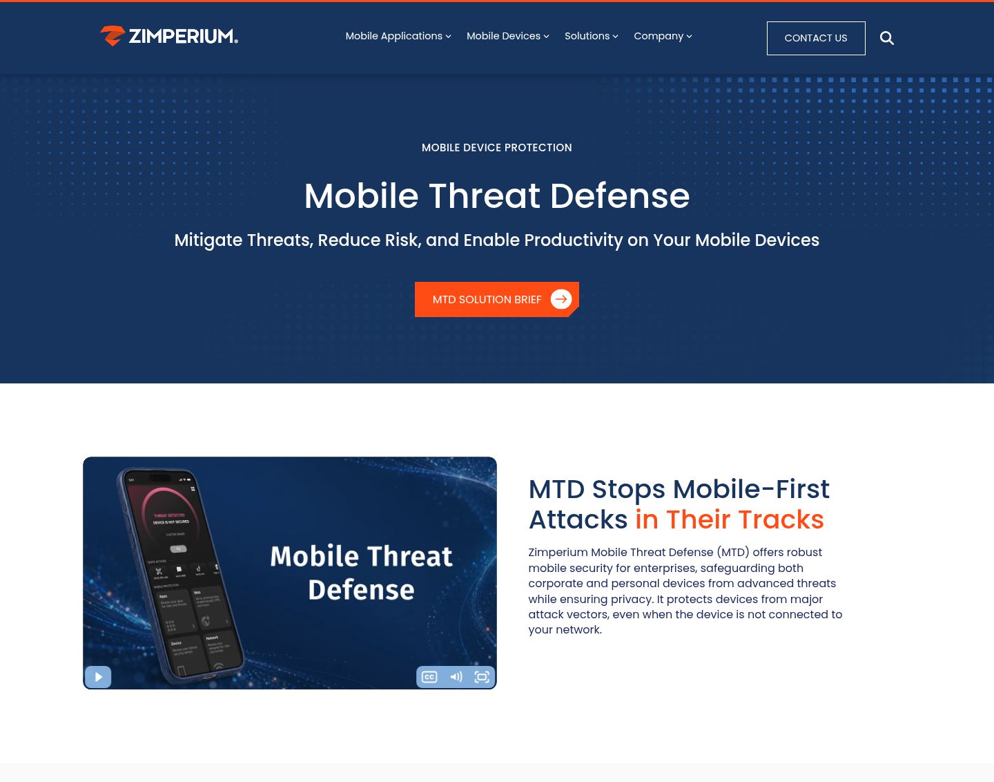 Zimperium Mobile Threat Defense product page with the headline Mobile Threat Defense and a phone running the MTD app